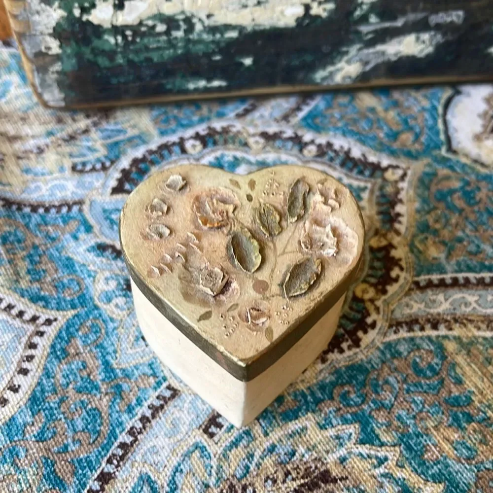 Pottery Heart Trinket Box Signed 1999 Floral Lid Vintage
